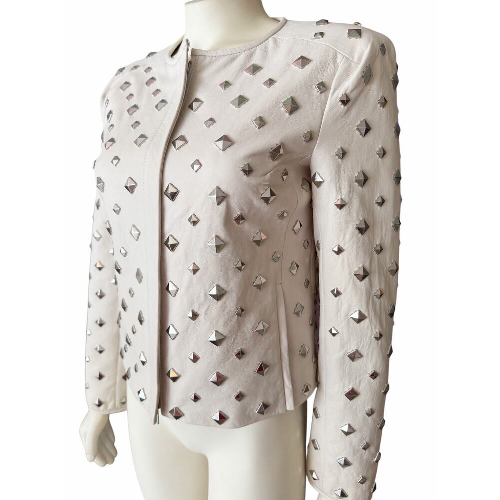 Diane Von Furstenberg Kate Leather Studded Cream Silver Jacket Sz 2 - Picture 3 of 16